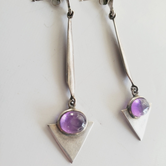 Modernist Sterling Silver 925 Amethyst Dangle Earrings signed - Picture 2 of 6